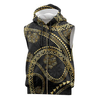 Hawaiian Kakau Art and Hisbiscus Tattoo Sleeveless Zip Hoodie Tribal Pattern-Gold Style - Polynesian Pride