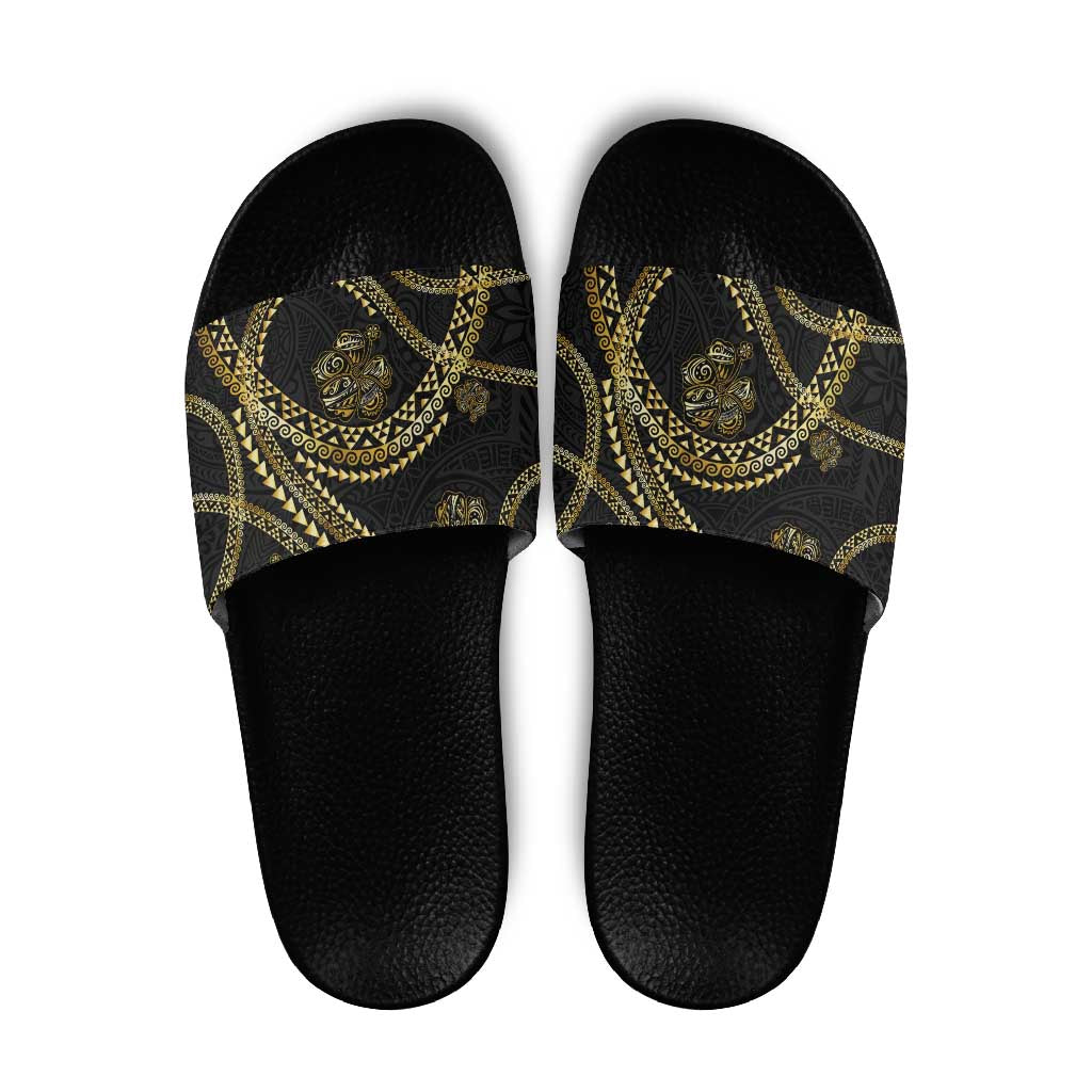 Hawaiian Kakau Art and Hisbiscus Tattoo Slide Sandals Tribal Pattern-Gold Style - Polynesian Pride