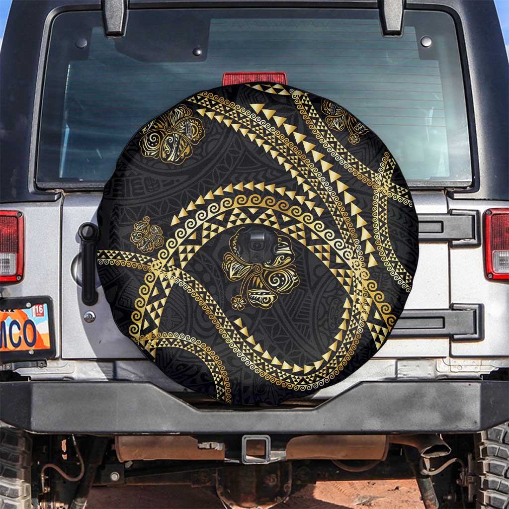 Hawaiian Kakau Art and Hisbiscus Tattoo Spare Tire Cover Tribal Pattern-Gold Style - Polynesian Pride