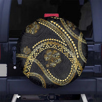 Hawaiian Kakau Art and Hisbiscus Tattoo Spare Tire Cover Tribal Pattern-Gold Style - Polynesian Pride