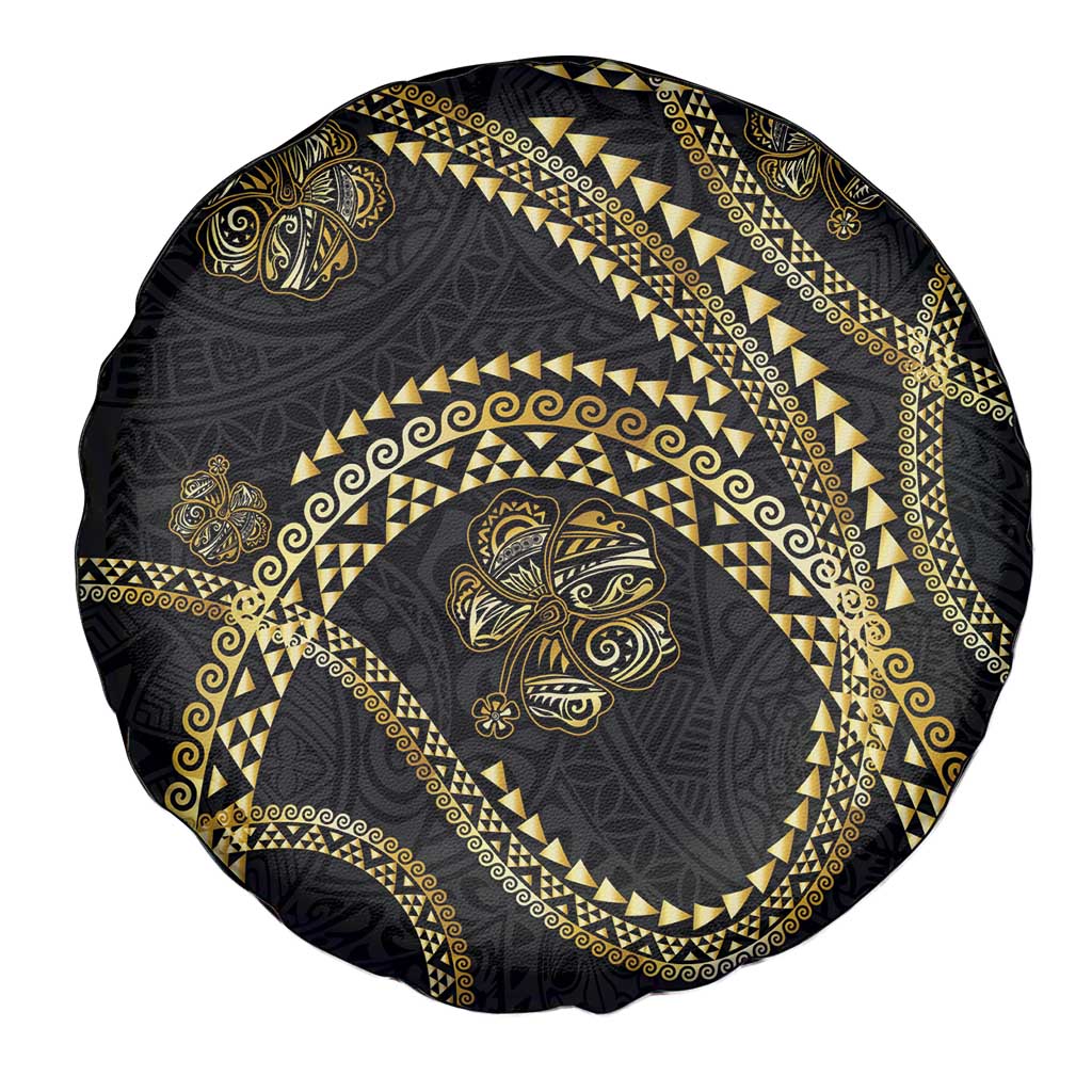 Hawaiian Kakau Art and Hisbiscus Tattoo Spare Tire Cover Tribal Pattern-Gold Style - Polynesian Pride