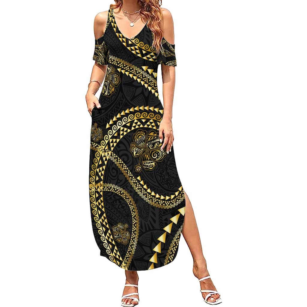 Hawaiian Kakau Art and Hisbiscus Tattoo Summer Maxi Dress Tribal Pattern-Gold Style - Polynesian Pride