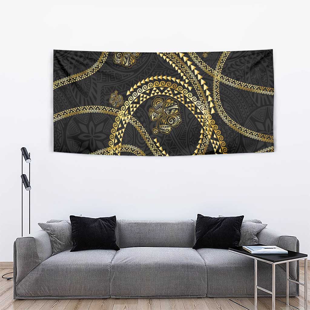 Hawaiian Kakau Art and Hisbiscus Tattoo Tapestry Tribal Pattern-Gold Style - Polynesian Pride