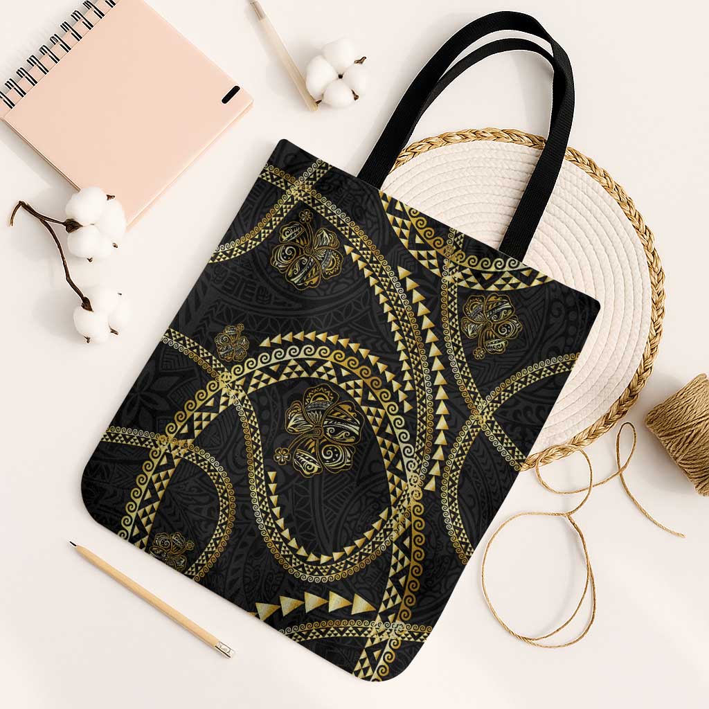 Hawaiian Kakau Art and Hisbiscus Tattoo Tote Bag Tribal Pattern-Gold Style - Polynesian Pride