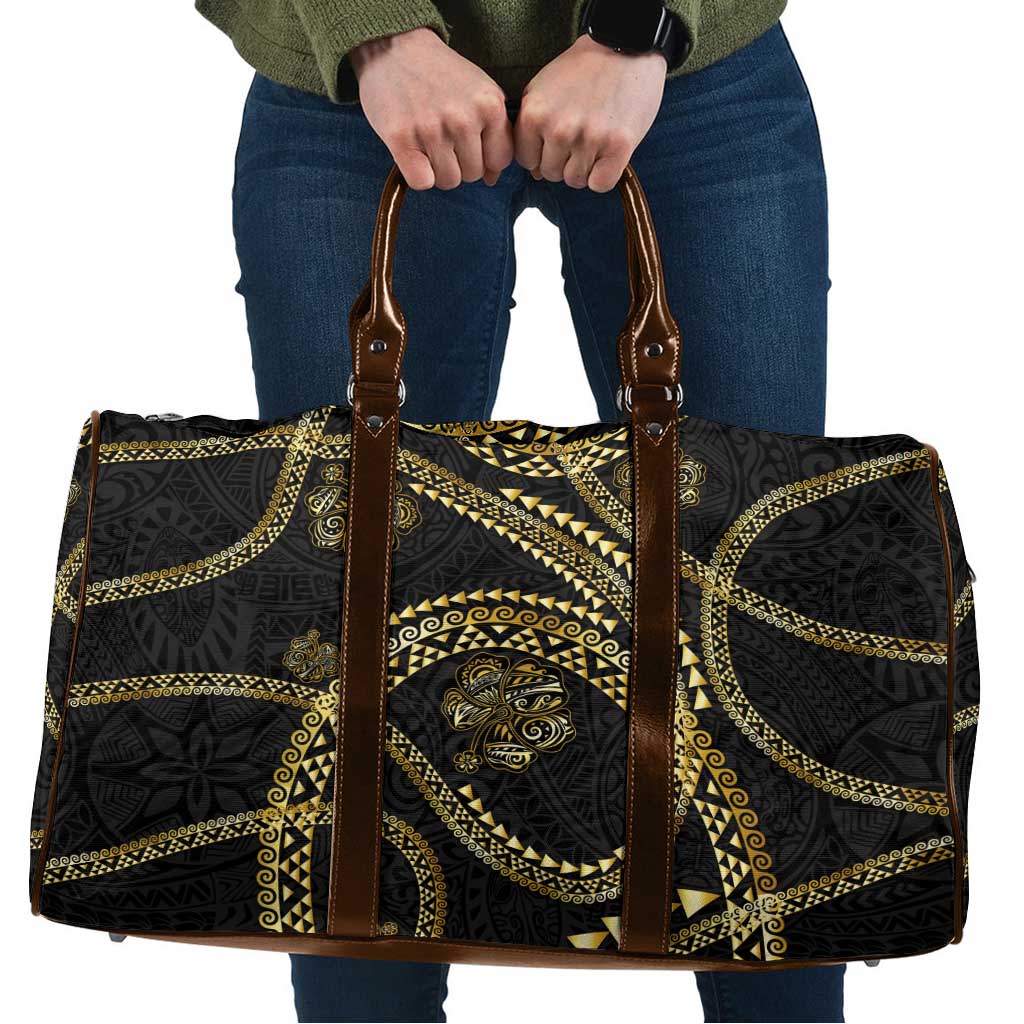 Hawaiian Kakau Art and Hisbiscus Tattoo Travel Bag Tribal Pattern-Gold Style LT03 Black - Polynesian Pride