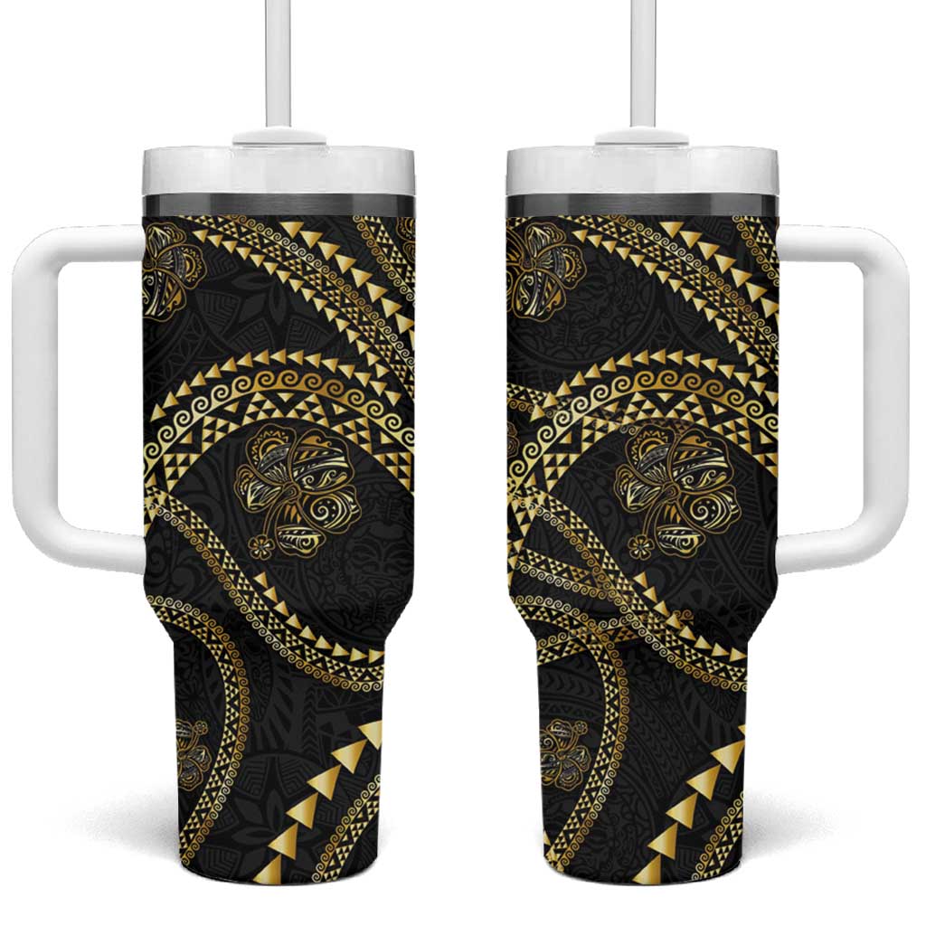 Hawaiian Kakau Art and Hisbiscus Tattoo Tumbler With Handle Tribal Pattern-Gold Style - Polynesian Pride