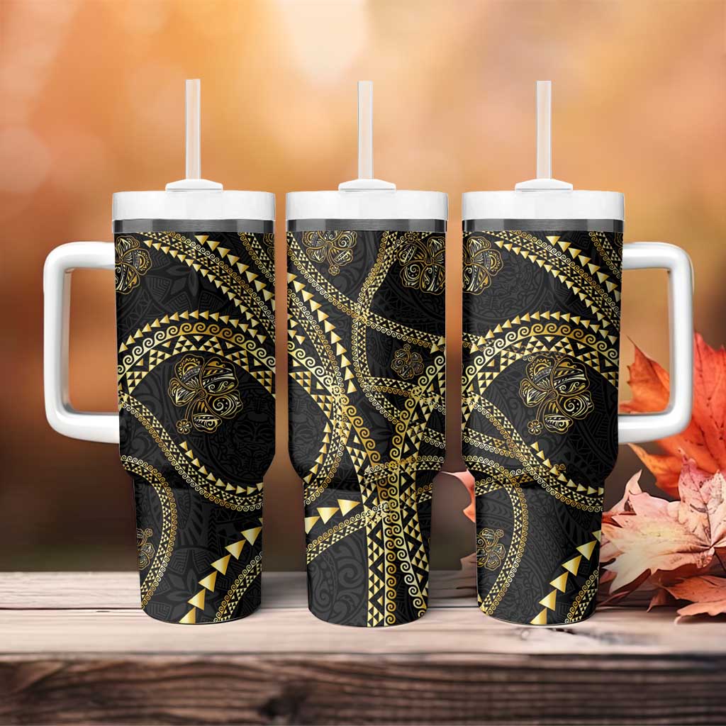 Hawaiian Kakau Art and Hisbiscus Tattoo Tumbler With Handle Tribal Pattern-Gold Style - Polynesian Pride