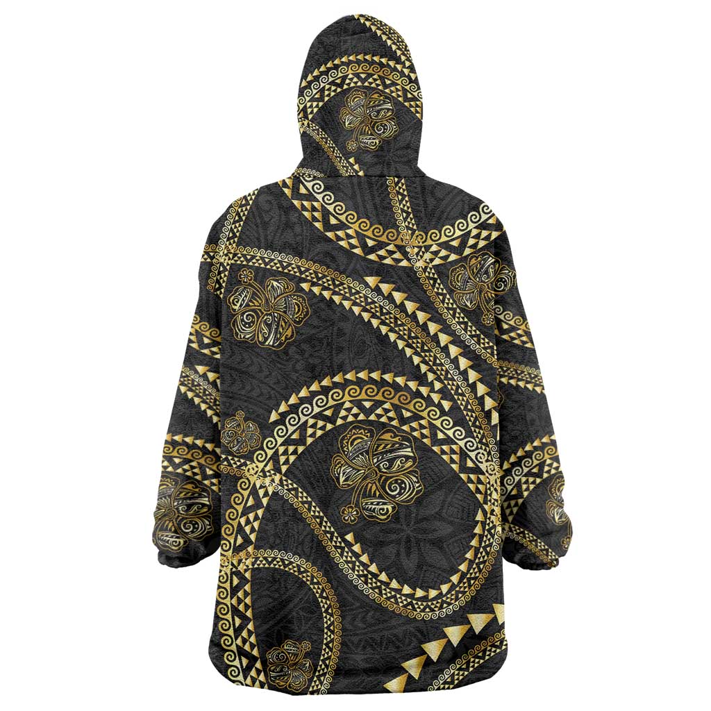 Hawaiian Kakau Art and Hisbiscus Tattoo Wearable Blanket Hoodie Tribal Pattern-Gold Style - Polynesian Pride