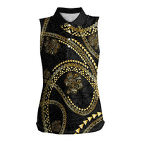 Hawaiian Kakau Art and Hisbiscus Tattoo Women Sleeveless Polo Shirt Tribal Pattern-Gold Style - Polynesian Pride