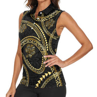 Hawaiian Kakau Art and Hisbiscus Tattoo Women Sleeveless Polo Shirt Tribal Pattern-Gold Style - Polynesian Pride