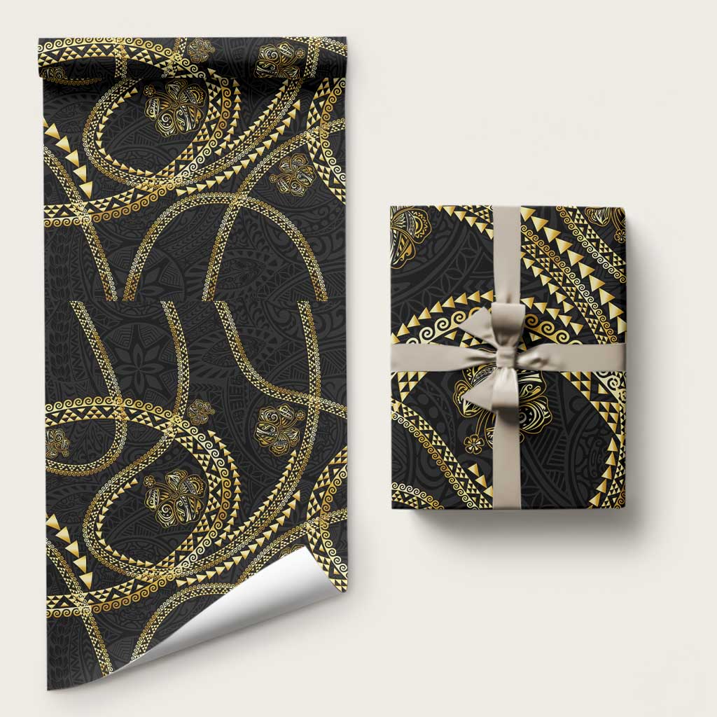 Hawaiian Kakau Art and Hisbiscus Tattoo Wrapping Paper Tribal Pattern-Gold Style - Polynesian Pride
