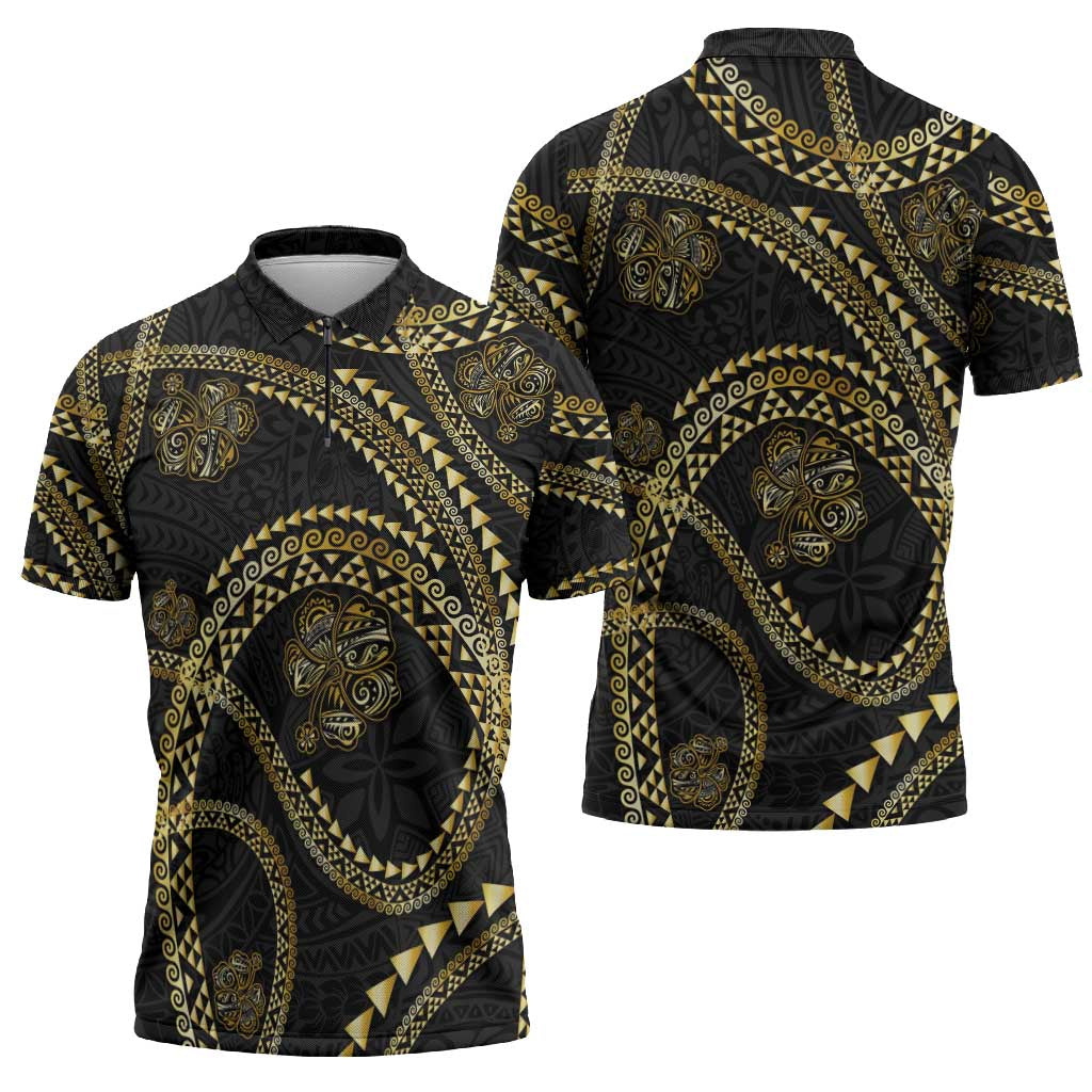 Hawaiian Kakau Art and Hisbiscus Tattoo Zipper Polo Shirt Tribal Pattern-Gold Style - Polynesian Pride