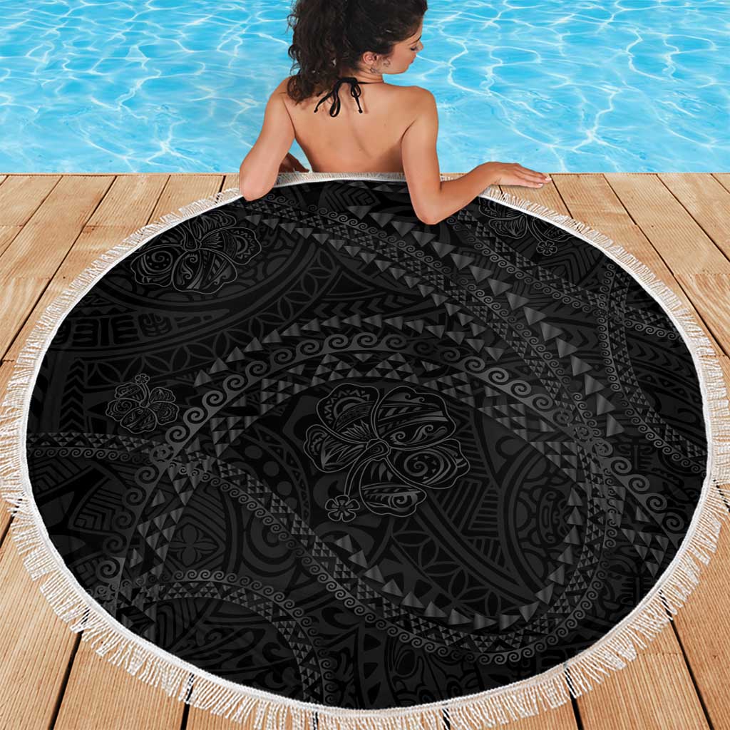 Hawaiian Kakau Art and Hisbiscus Tattoo Beach Blanket Tribal Pattern-Black Gradient Style - Polynesian Pride