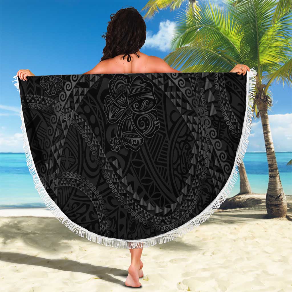 Hawaiian Kakau Art and Hisbiscus Tattoo Beach Blanket Tribal Pattern-Black Gradient Style - Polynesian Pride