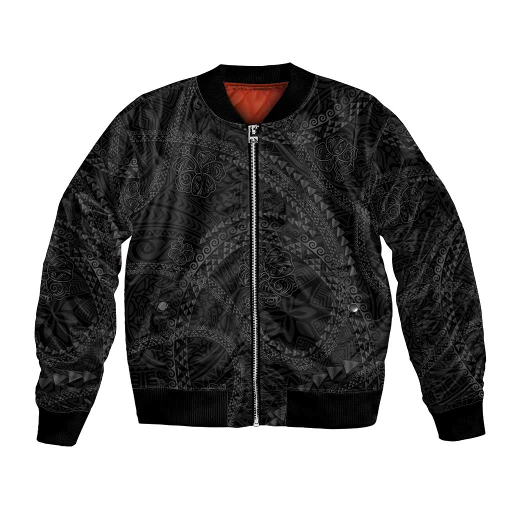 Hawaiian Kakau Art and Hisbiscus Tattoo Bomber Jacket Tribal Pattern-Black Gradient Style LT03 Unisex Black - Polynesian Pride