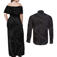 Hawaiian Kakau Art and Hisbiscus Tattoo Couples Matching Off Shoulder Maxi Dress and Long Sleeve Button Shirt Tribal Pattern-Black Gradient Style - Polynesian Pride