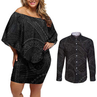Hawaiian Kakau Art and Hisbiscus Tattoo Couples Matching Off Shoulder Short Dress and Long Sleeve Button Shirt Tribal Pattern-Black Gradient Style - Polynesian Pride