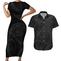 Hawaiian Kakau Art and Hisbiscus Tattoo Couples Matching Short Sleeve Bodycon Dress and Hawaiian Shirt Tribal Pattern-Black Gradient Style - Polynesian Pride
