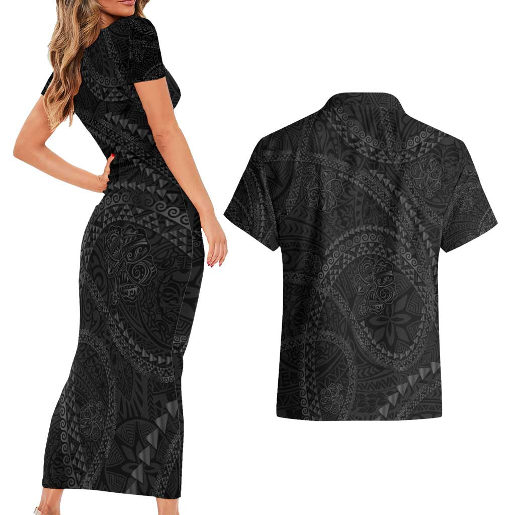 Hawaiian Kakau Art and Hisbiscus Tattoo Couples Matching Short Sleeve Bodycon Dress and Hawaiian Shirt Tribal Pattern-Black Gradient Style - Polynesian Pride