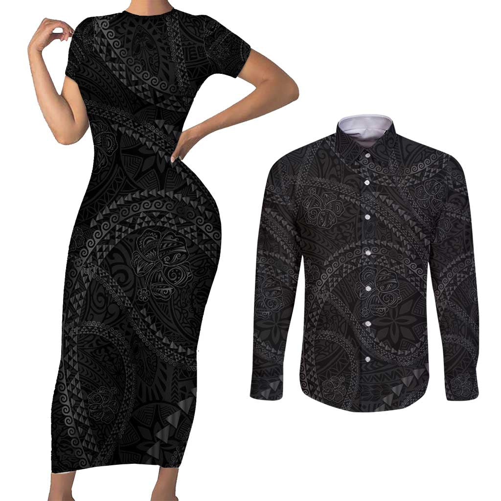Hawaiian Kakau Art and Hisbiscus Tattoo Couples Matching Short Sleeve Bodycon Dress and Long Sleeve Button Shirt Tribal Pattern-Black Gradient Style - Polynesian Pride