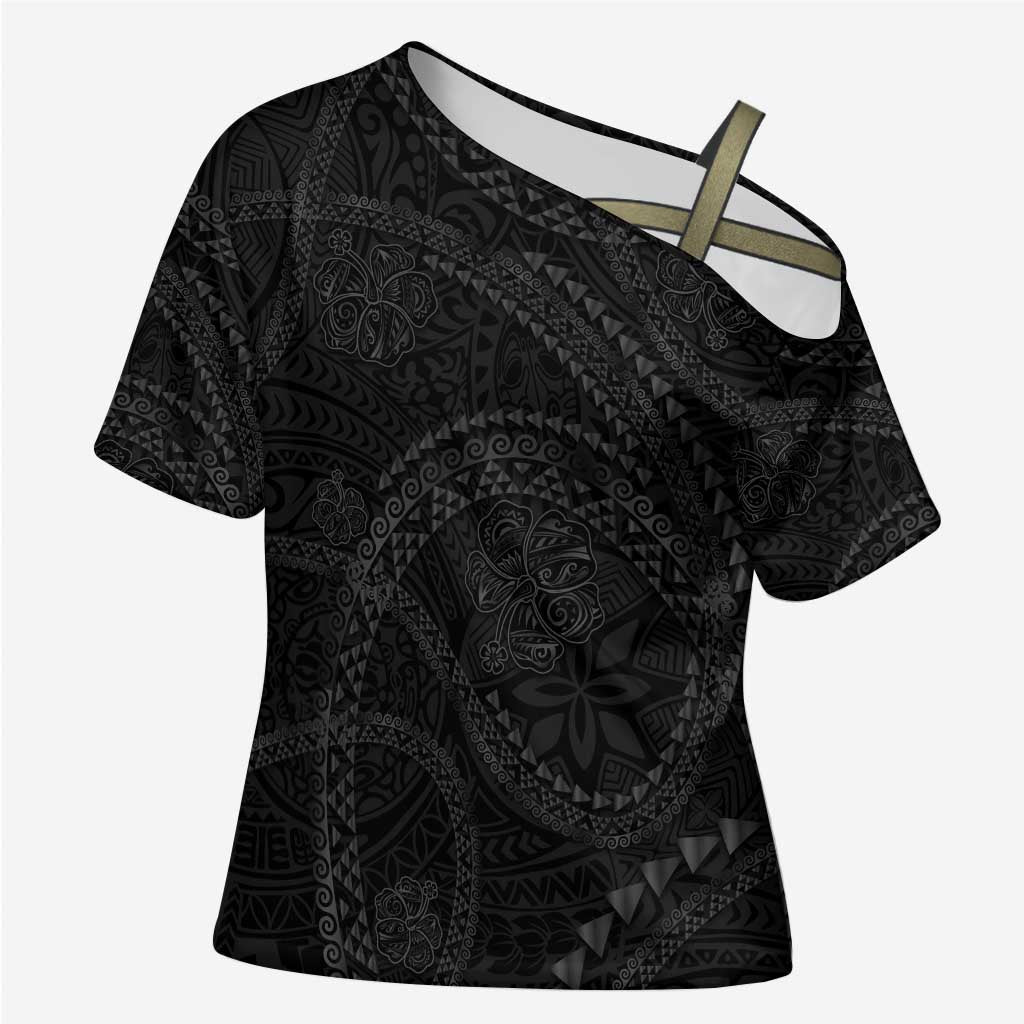 Hawaiian Kakau Art and Hisbiscus Tattoo Cross Shoulder Shirt Tribal Pattern-Black Gradient Style LT03 Female Black - Polynesian Pride