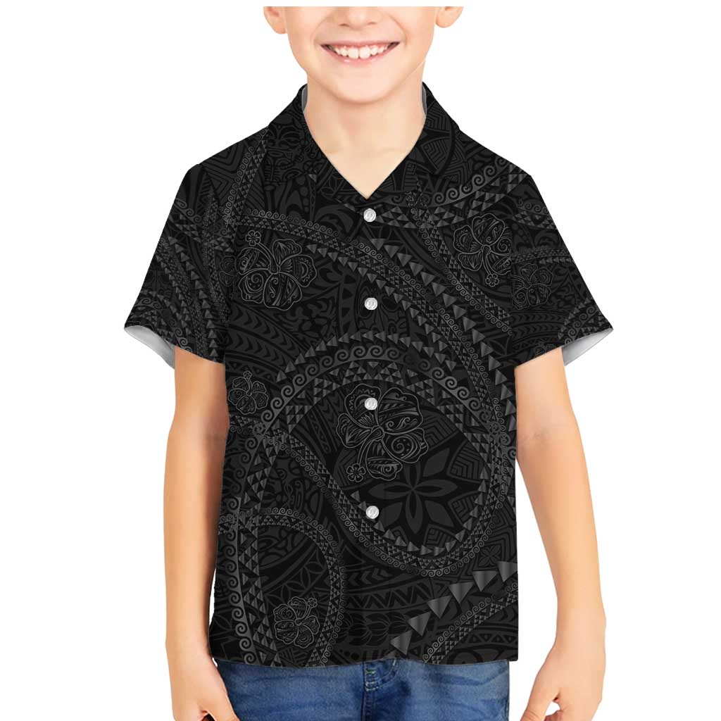 Hawaiian Kakau Art and Hisbiscus Tattoo Family Matching Mermaid Dress and Hawaiian Shirt Tribal Pattern-Black Gradient Style - Polynesian Pride
