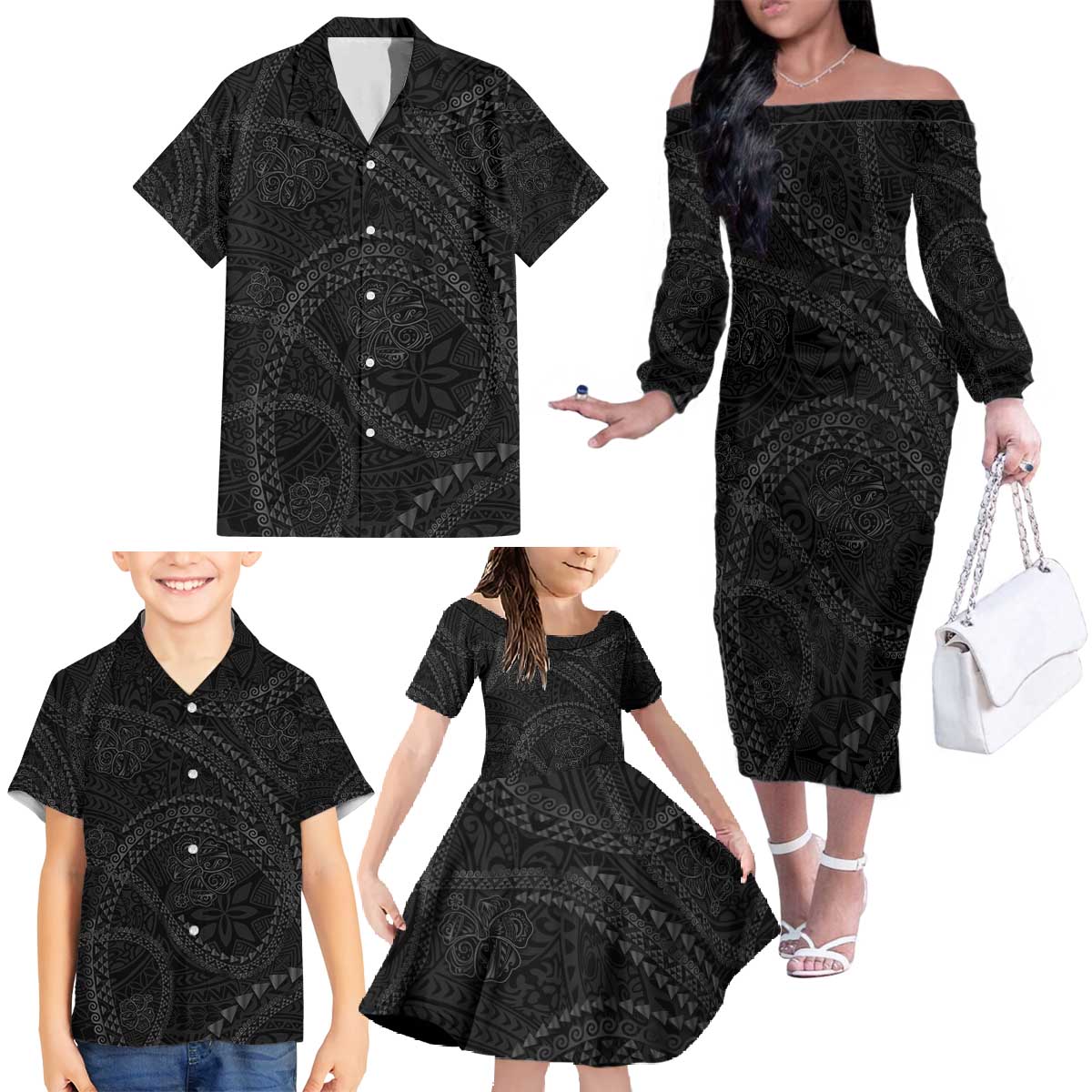 Hawaiian Kakau Art and Hisbiscus Tattoo Family Matching Off The Shoulder Long Sleeve Dress and Hawaiian Shirt Tribal Pattern-Black Gradient Style - Polynesian Pride