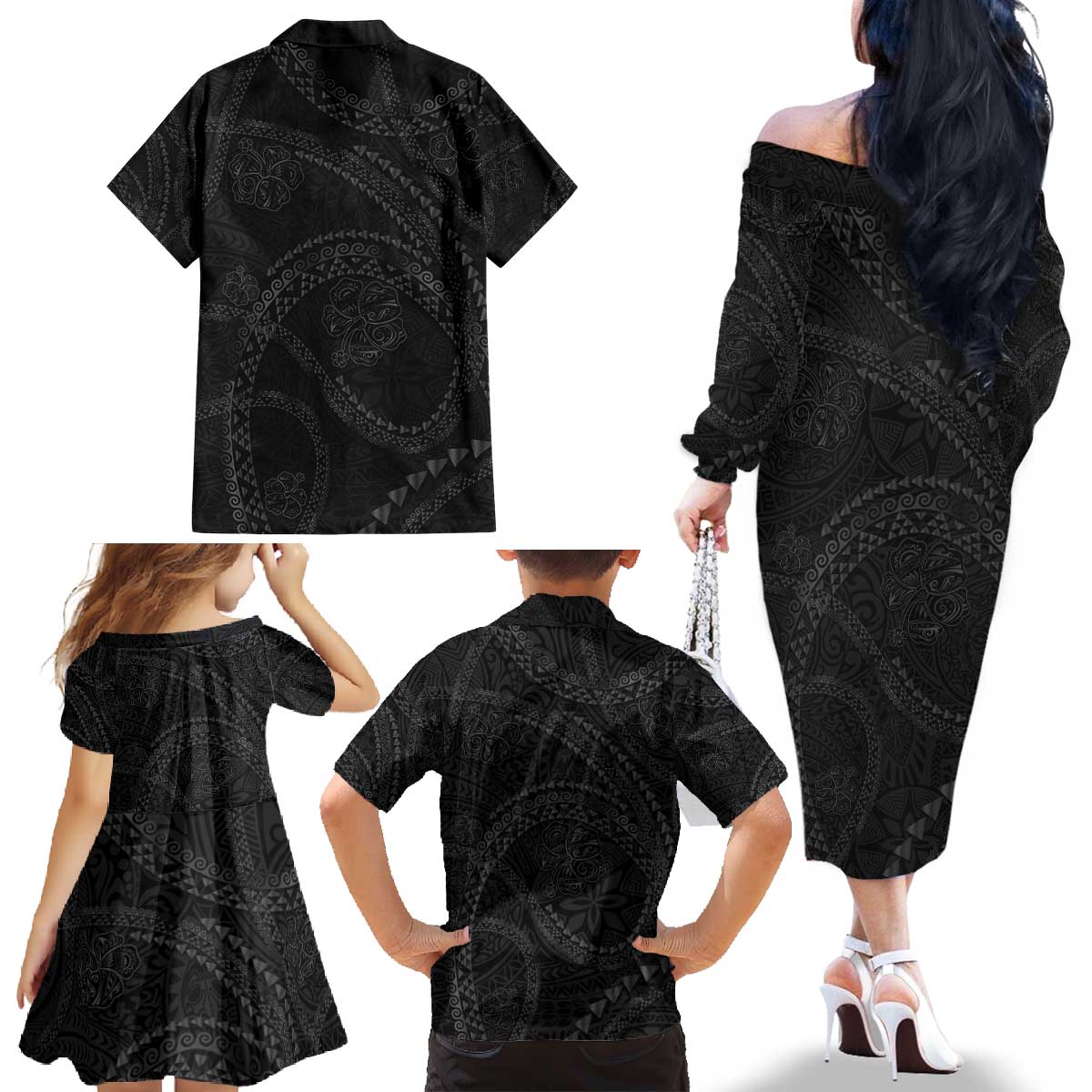 Hawaiian Kakau Art and Hisbiscus Tattoo Family Matching Off The Shoulder Long Sleeve Dress and Hawaiian Shirt Tribal Pattern-Black Gradient Style - Polynesian Pride