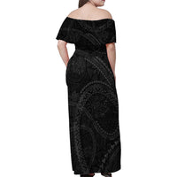 Hawaiian Kakau Art and Hisbiscus Tattoo Family Matching Off Shoulder Maxi Dress and Hawaiian Shirt Tribal Pattern-Black Gradient Style - Polynesian Pride