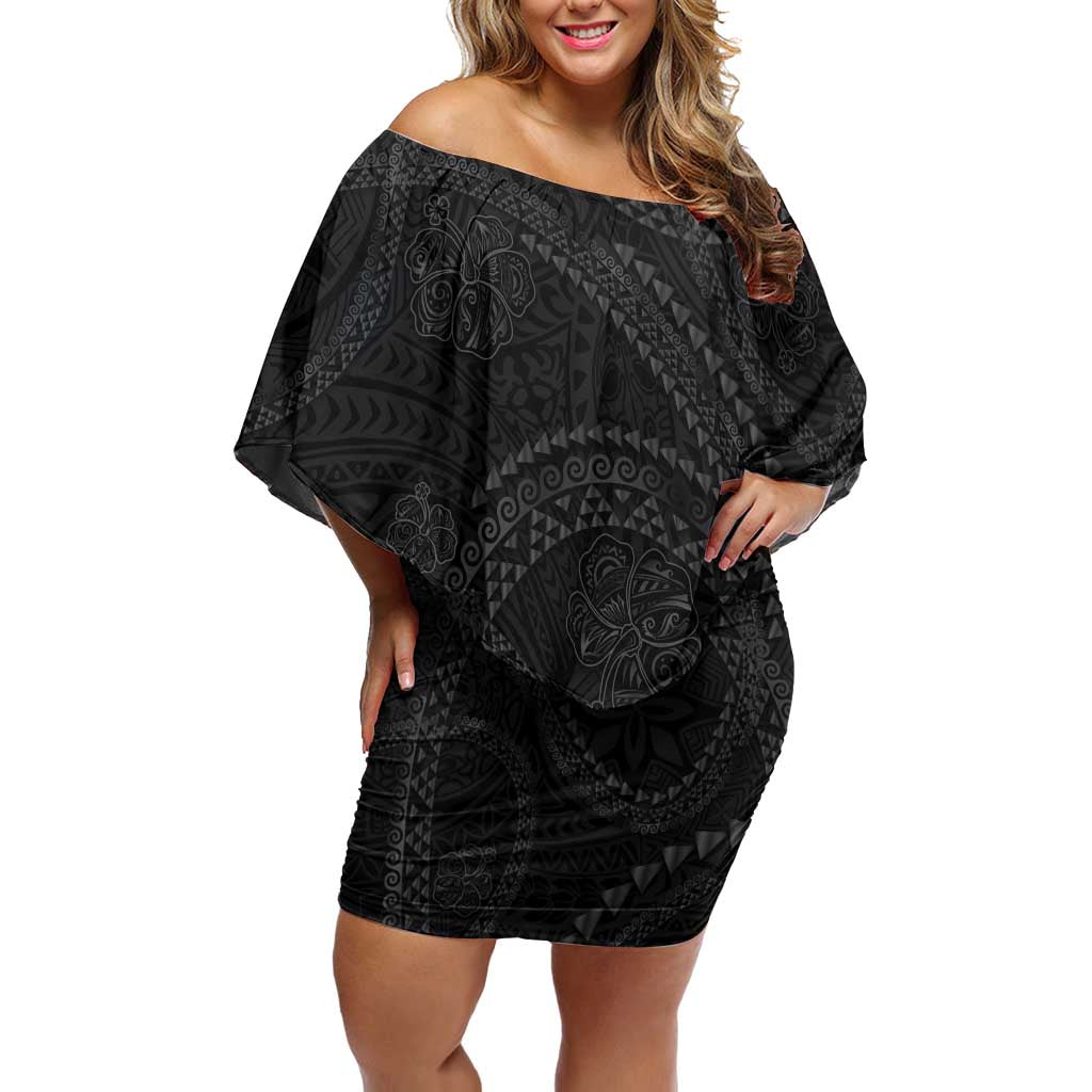 Hawaiian Kakau Art and Hisbiscus Tattoo Family Matching Off Shoulder Short Dress and Hawaiian Shirt Tribal Pattern-Black Gradient Style - Polynesian Pride
