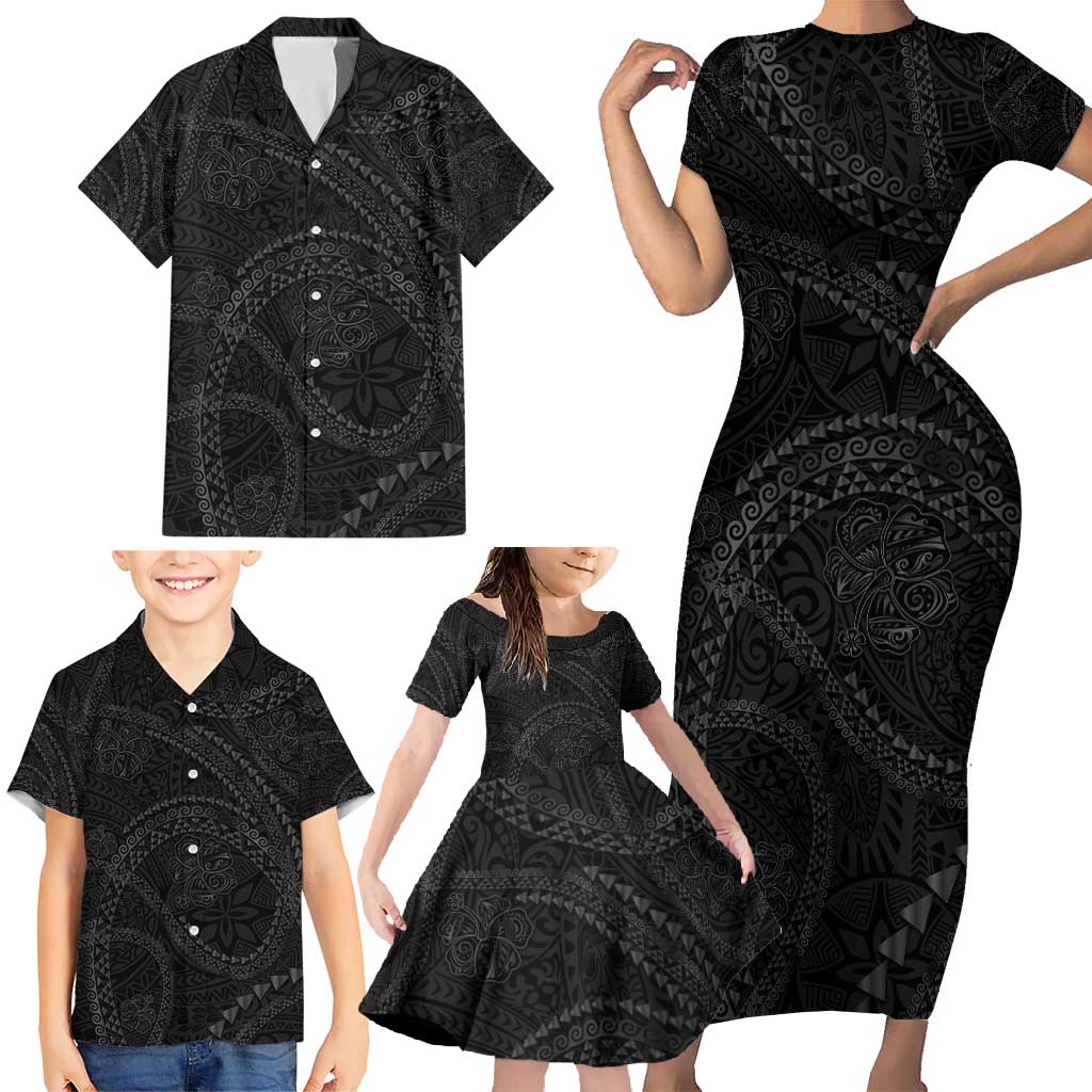 Hawaiian Kakau Art and Hisbiscus Tattoo Family Matching Short Sleeve Bodycon Dress and Hawaiian Shirt Tribal Pattern-Black Gradient Style - Polynesian Pride