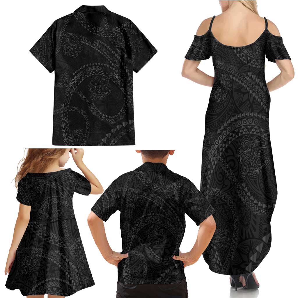 Hawaiian Kakau Art and Hisbiscus Tattoo Family Matching Summer Maxi Dress and Hawaiian Shirt Tribal Pattern-Black Gradient Style - Polynesian Pride