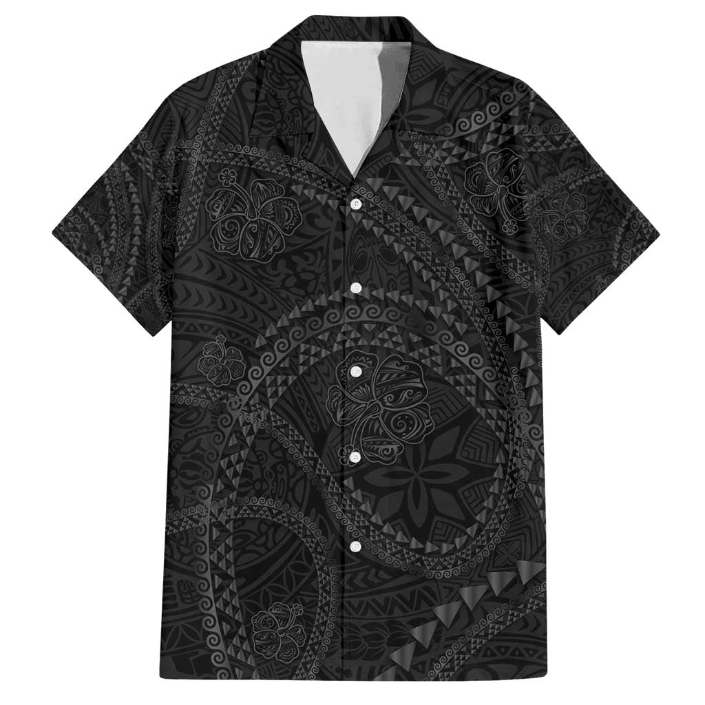 Hawaiian Kakau Art and Hisbiscus Tattoo Family Matching Summer Maxi Dress and Hawaiian Shirt Tribal Pattern-Black Gradient Style - Polynesian Pride