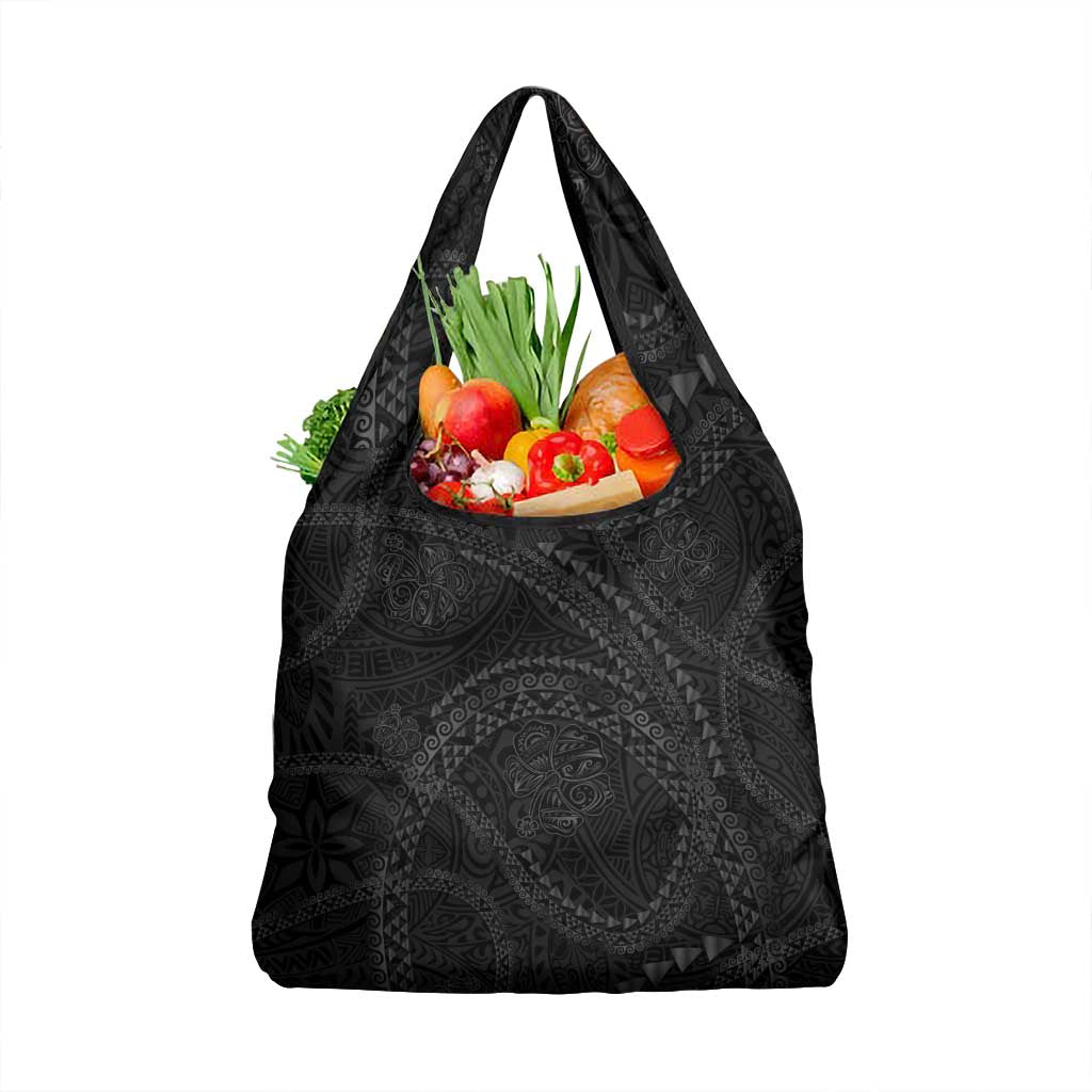Hawaiian Kakau Art and Hisbiscus Tattoo Grocery Bag Tribal Pattern-Black Gradient Style - Polynesian Pride