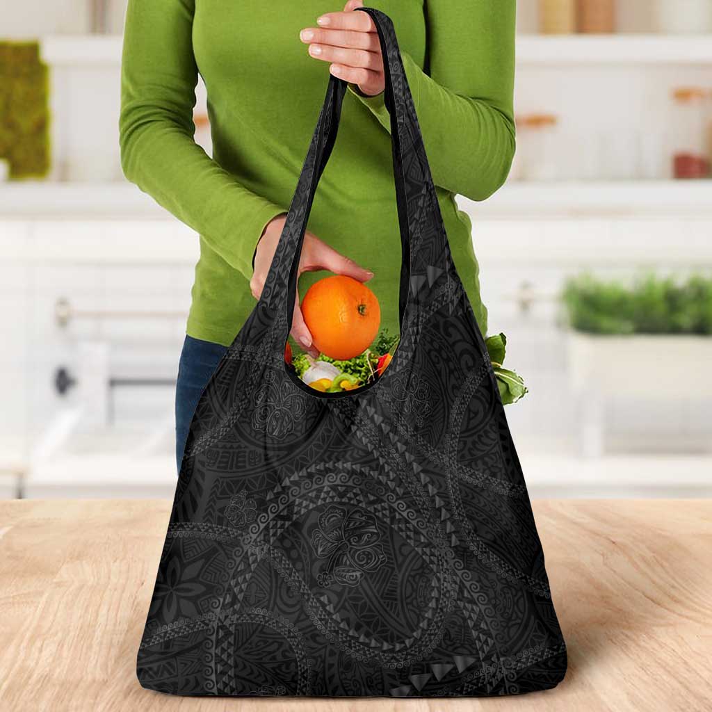 Hawaiian Kakau Art and Hisbiscus Tattoo Grocery Bag Tribal Pattern-Black Gradient Style - Polynesian Pride