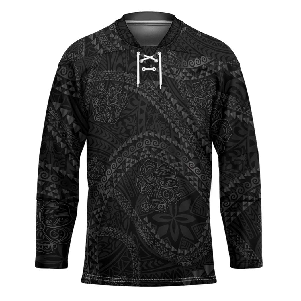 Hawaiian Kakau Art and Hisbiscus Tattoo Hockey Jersey Tribal Pattern-Black Gradient Style - Polynesian Pride