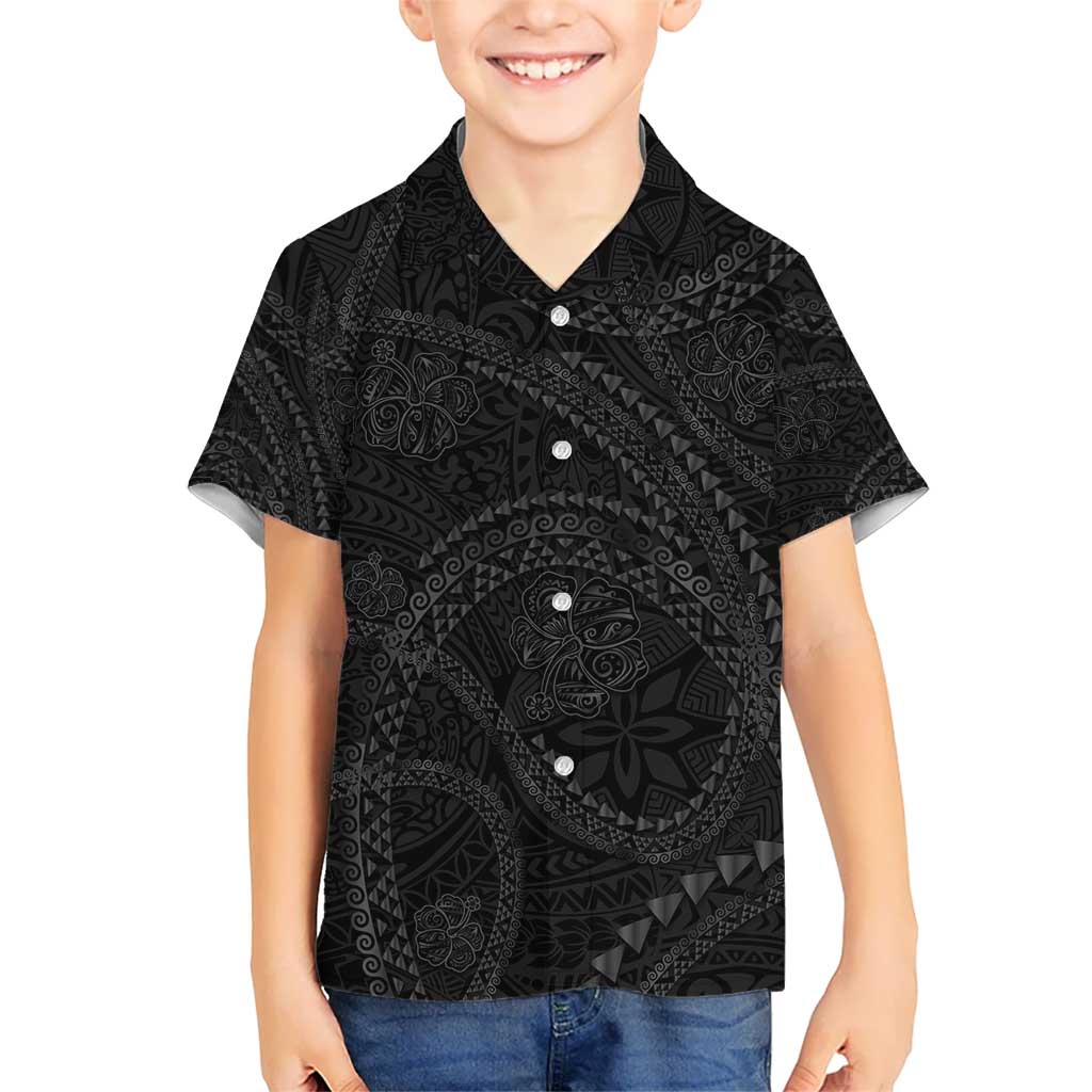 Hawaiian Kakau Art and Hisbiscus Tattoo Kid Hawaiian Shirt Tribal Pattern-Black Gradient Style LT03 Kid Black - Polynesian Pride