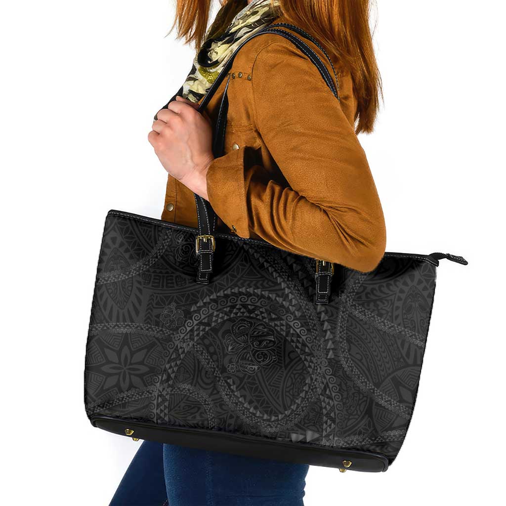Hawaiian Kakau Art and Hisbiscus Tattoo Leather Tote Bag Tribal Pattern-Black Gradient Style LT03 Black - Polynesian Pride