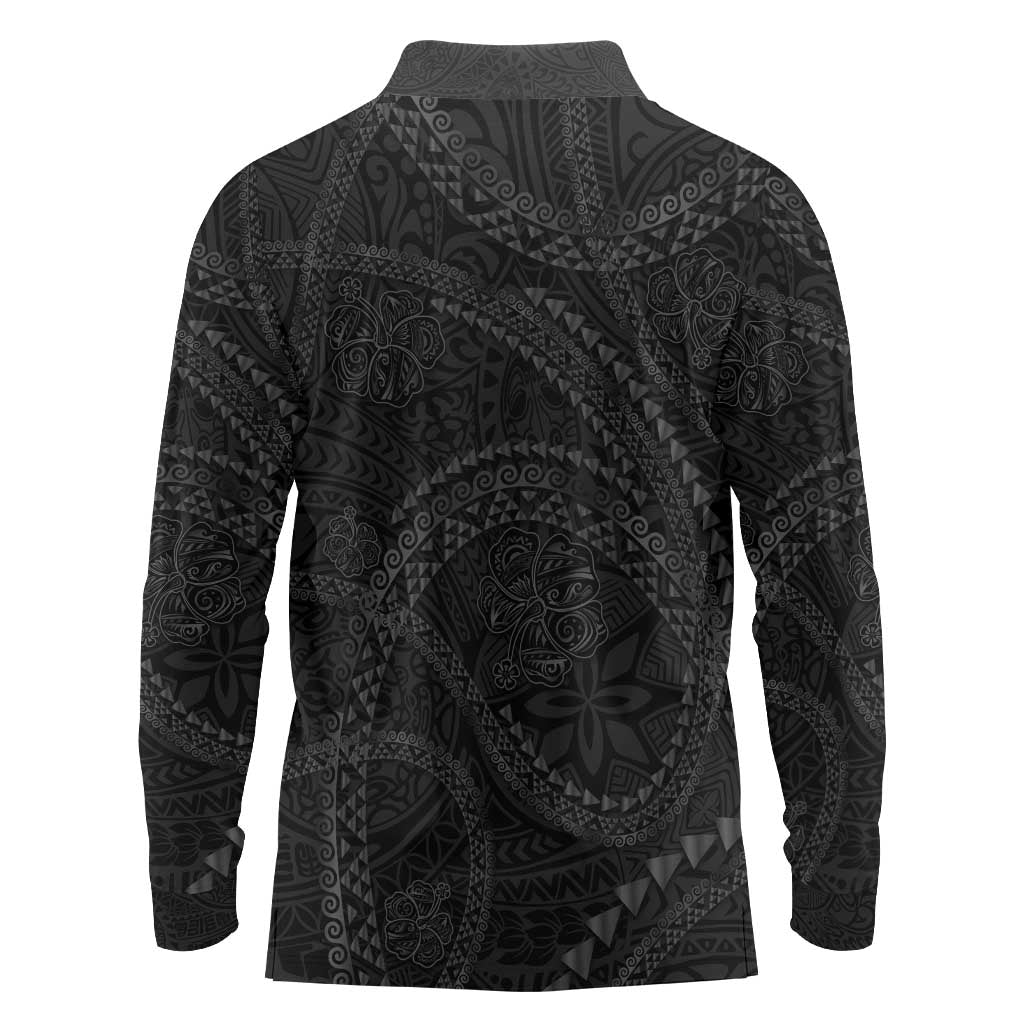 Hawaiian Kakau Art and Hisbiscus Tattoo Long Sleeve Polo Shirt Tribal Pattern-Black Gradient Style - Polynesian Pride