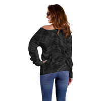 Hawaiian Kakau Art and Hisbiscus Tattoo Off Shoulder Sweater Tribal Pattern-Black Gradient Style - Polynesian Pride