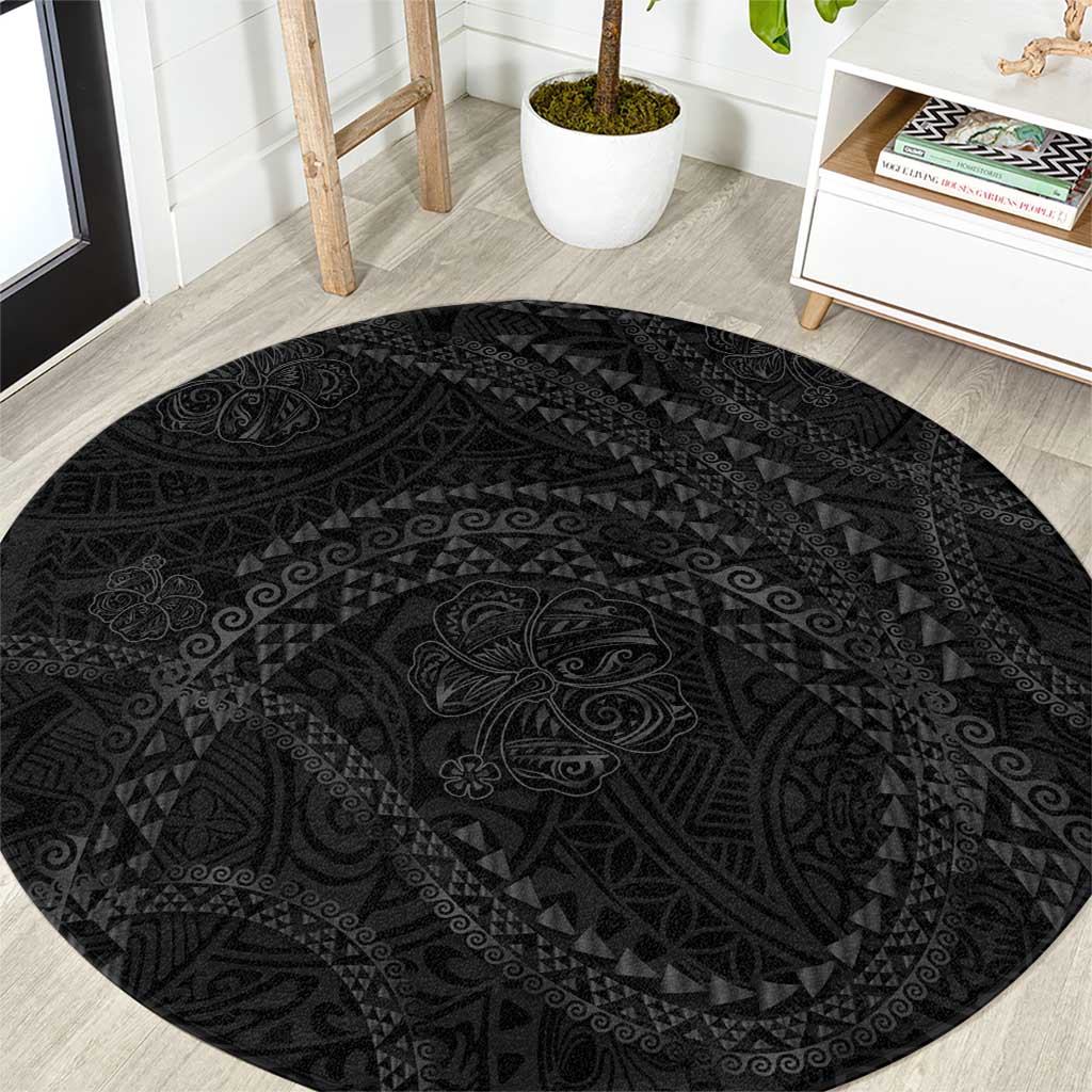Hawaiian Kakau Art and Hisbiscus Tattoo Round Carpet Tribal Pattern-Black Gradient Style LT03 Black - Polynesian Pride