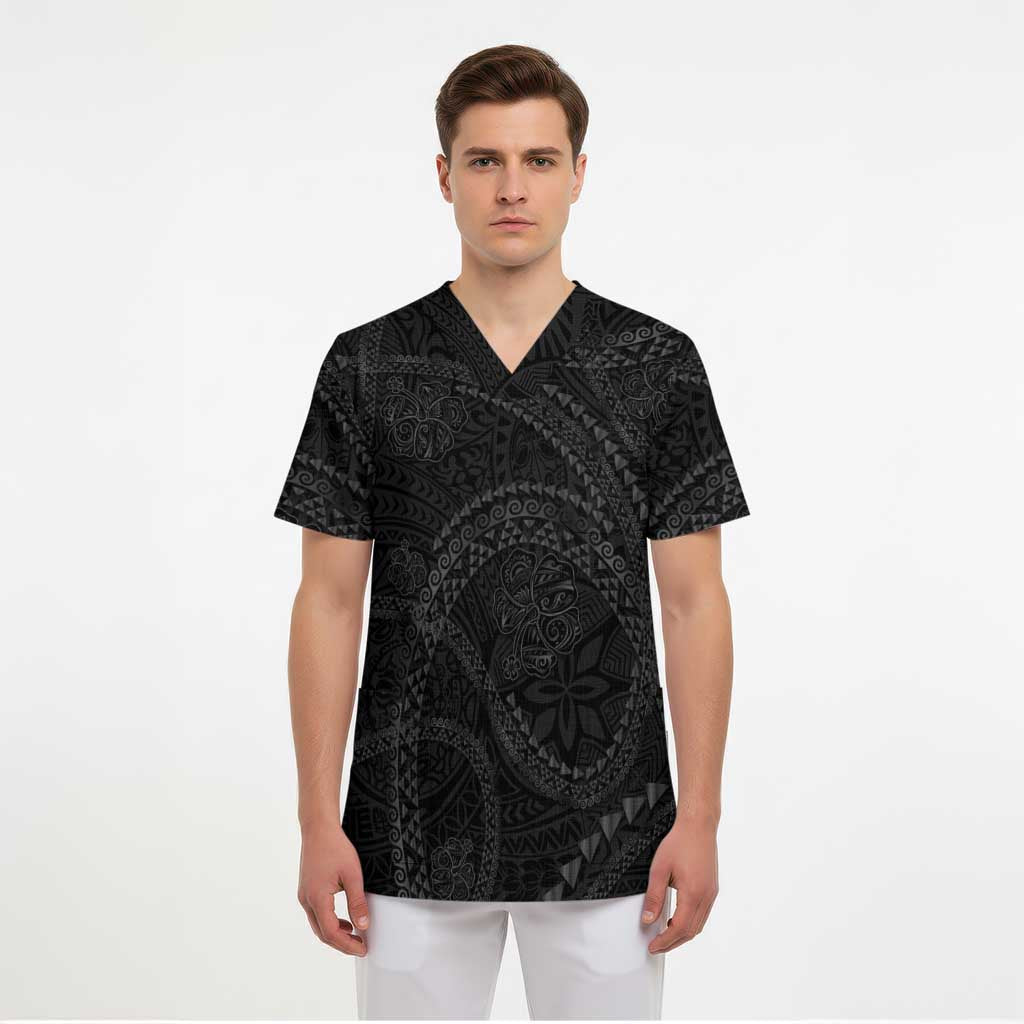 Hawaiian Kakau Art and Hisbiscus Tattoo Scrub Top Tribal Pattern-Black Gradient Style - Polynesian Pride