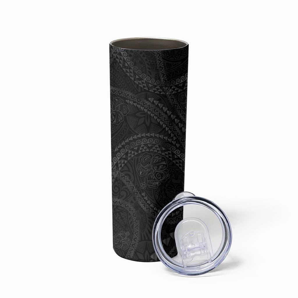 Hawaiian Kakau Art and Hisbiscus Tattoo Skinny Tumbler Tribal Pattern-Black Gradient Style - Polynesian Pride