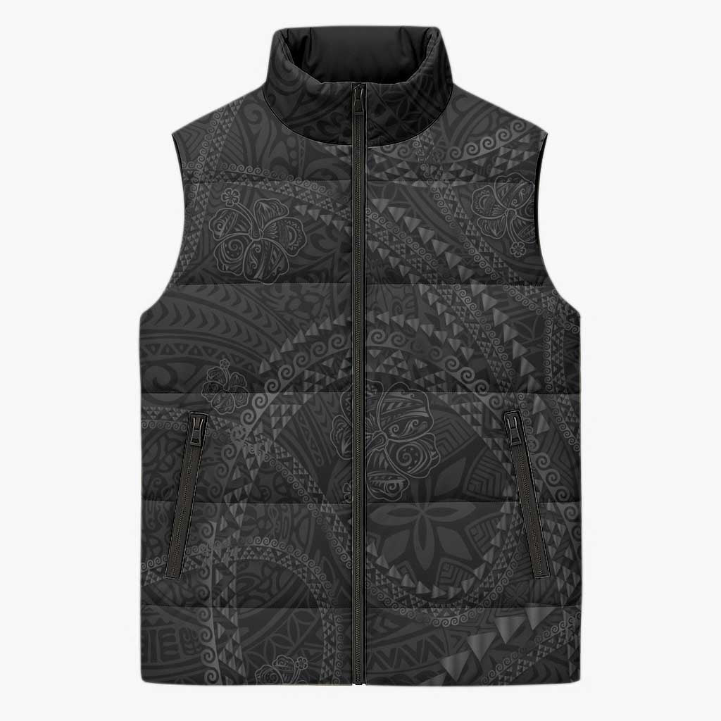 Hawaiian Kakau Art and Hisbiscus Tattoo Sleeveless Puffer Jacket Tribal Pattern-Black Gradient Style LT03 Unisex Black - Polynesian Pride