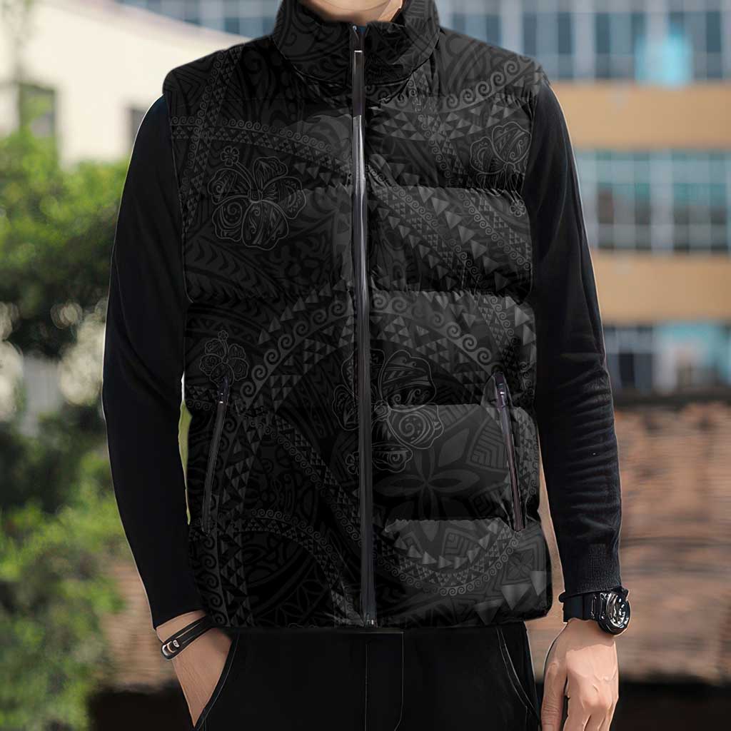 Hawaiian Kakau Art and Hisbiscus Tattoo Sleeveless Puffer Jacket Tribal Pattern-Black Gradient Style - Polynesian Pride