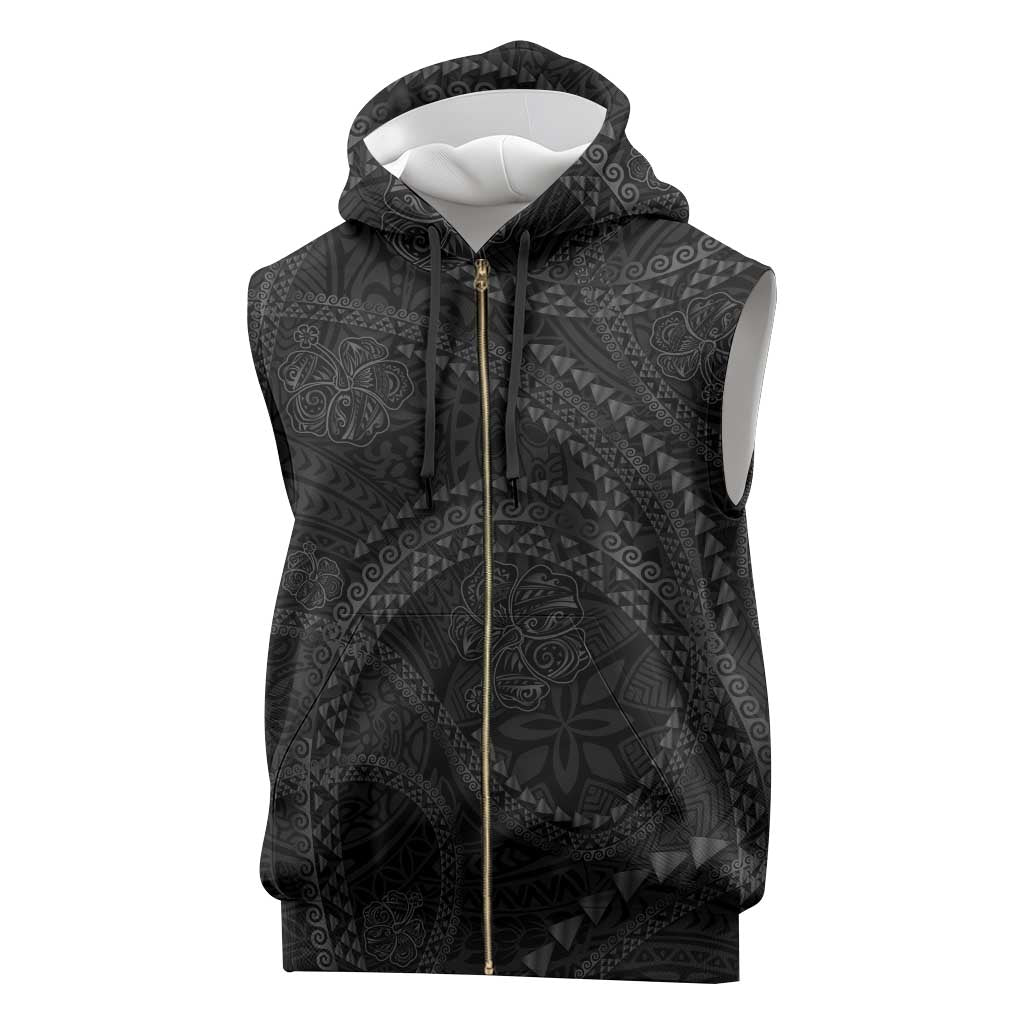 Hawaiian Kakau Art and Hisbiscus Tattoo Sleeveless Zip Hoodie Tribal Pattern-Black Gradient Style - Polynesian Pride
