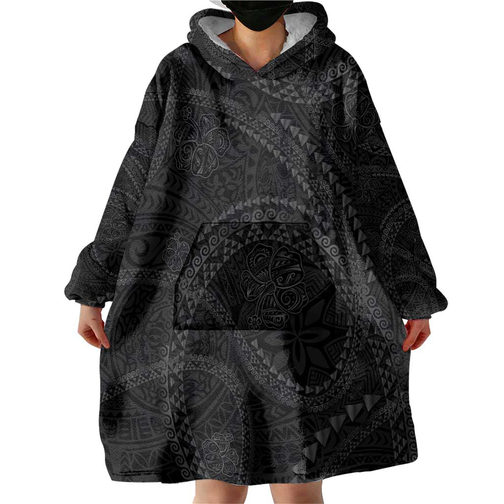 Hawaiian Kakau Art and Hisbiscus Tattoo Wearable Blanket Hoodie Tribal Pattern-Black Gradient Style - Polynesian Pride