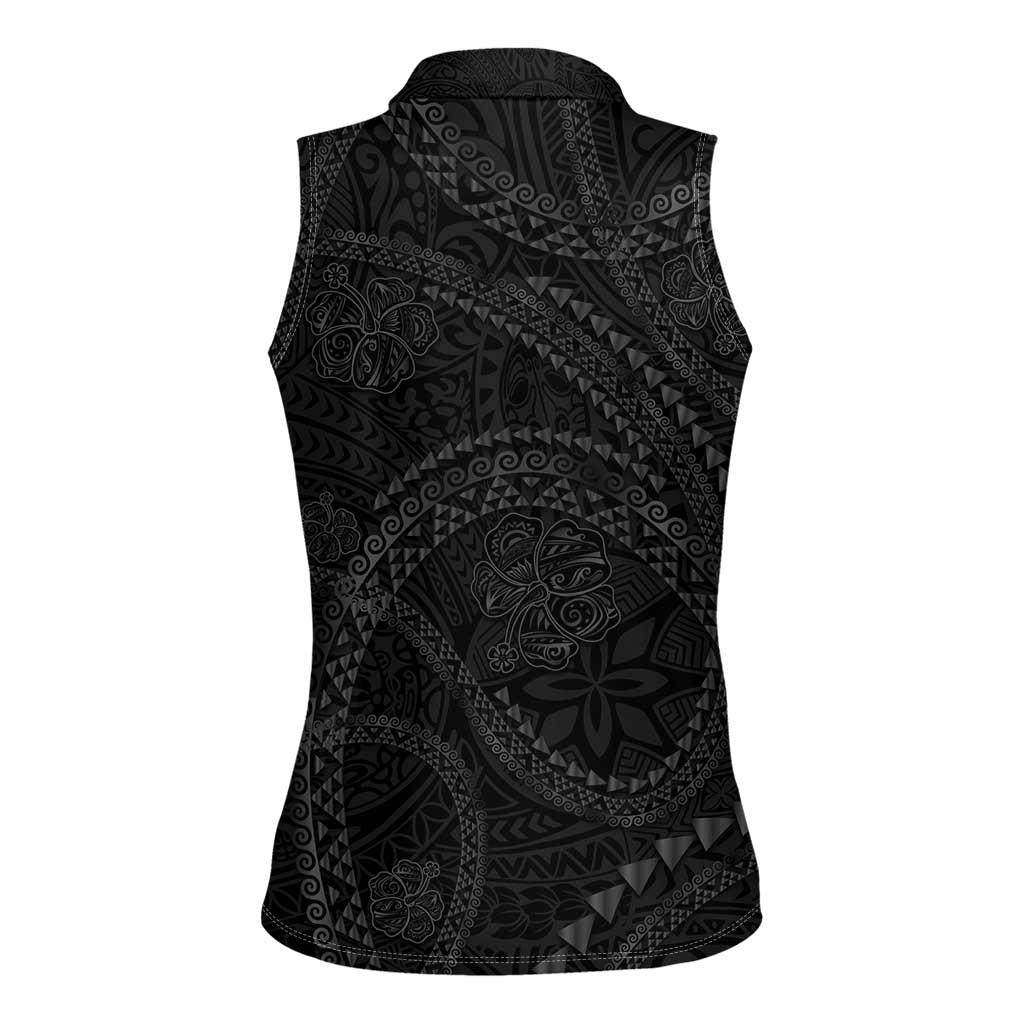 Hawaiian Kakau Art and Hisbiscus Tattoo Women Sleeveless Polo Shirt Tribal Pattern-Black Gradient Style - Polynesian Pride