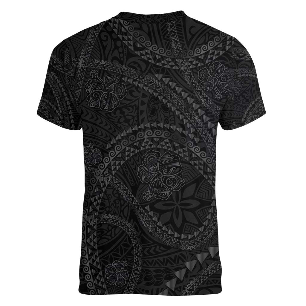 Hawaiian Kakau Art and Hisbiscus Tattoo Women V-Neck T-Shirt Tribal Pattern-Black Gradient Style - Polynesian Pride