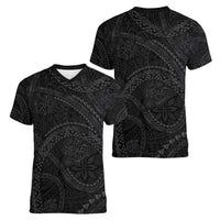 Hawaiian Kakau Art and Hisbiscus Tattoo Women V-Neck T-Shirt Tribal Pattern-Black Gradient Style - Polynesian Pride